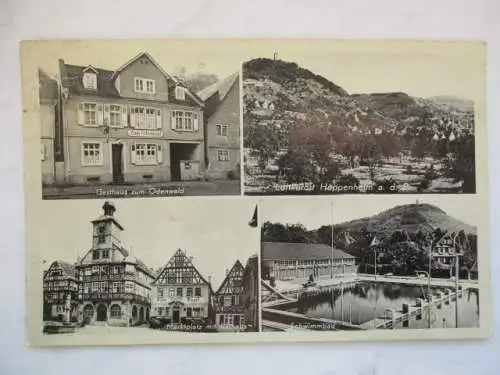 [Echtfotokarte schwarz/weiß] Gsthaus zum Odenwald / Luftkurort Heppenheim a.d.B./ Marktplatz mit Rathaus / Schwimmbad
Gasthaus "Zum Odenwald" - Heppenheim a.d.B.  - Bes. Ph. Metz - Fremdenzimmer - eigene Weine. 