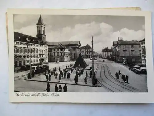 [Echtfotokarte schwarz/weiß] Karlsruhe, Adolf-Hitler-Platz. 