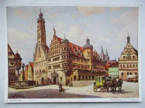 [Künstlerpostkarte reproduziert] Rothenburg o.d.T. , Rathaus
L. Mößler, pinx.
Rathaus mit Postkutsche
Neue Reise auf alte Weise
Nach einem Originalgemälde von Ludwig Mößler,
Rothenburg o.d.T. 