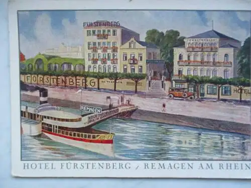 [Klappkarte] Hotel Fürstenberg / Remagen am Rhein
Die Werbekarte ist in sehr gutem Zustand, lediglich 3 Ecken sind leicht bzw. minimal angestoßen. Es handelt sich um eine Werbe-Klapp-Karte mit innliegendem 3-teiligen Faltplan einer  farbigen...