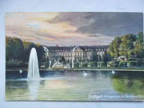 [Künstlerpostkarte reproduziert] Stuttgart Anlagensee mit Residenzschloss. 