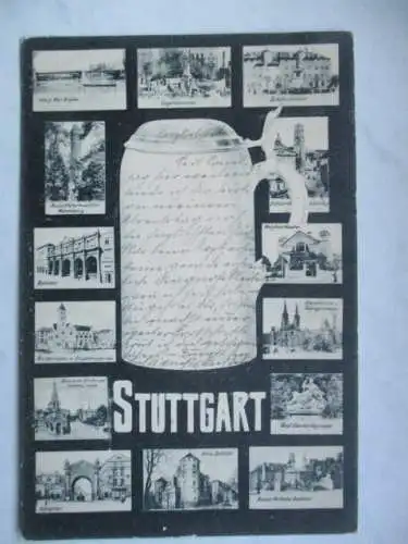 [Lithographie] Stuttgart 
König Karl Brücke / Eugensbrunnen / Schillerdenkmal / Aussichtsturm Hasenberg / Stiftskirche / Bahnhof / Residenztheater / Bismarckplatz mit Elisabethenkirche / Marienkirche u. Tübingerstrasse / Russische Kirche u....