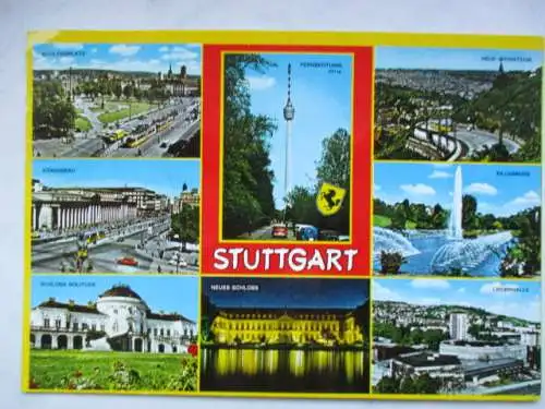 [Lithographie] Stuttgart
Schlossplatz / Königsbau / Solitude / Fernsehturm / Neues Schloss / Neue Weinsteige / Killesberg / Liederhalle. 