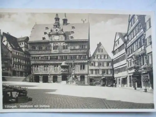 [Echtfotokarte schwarz/weiß] Tübingen Marktplatz mit Rathaus. 