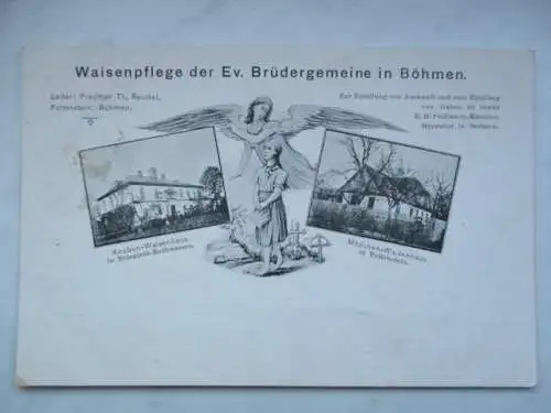 [Ansichtskarte] Waisenpflege der Ev. Brüdergemeinde in Böhmen
Leiter: Prediger Th. Reichel
Pottenstein, Böhmen
Zur Erteilung von Auskunft und zum Empfang von Gaben ist bereit
L. H. Feldmann, Kassirer, Herrnhut in Sachsen. 