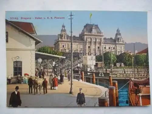 [Echtfotokarte farbig] Bregenz Hafen u. K. K. Postamt. 