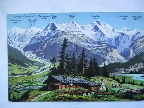 [Lithographie] 8 Berggipfel mit Höhenmetern und die Wegebeschreibung von Heimwehfluh über Eigergletscher zum Jungfraugipfel. 