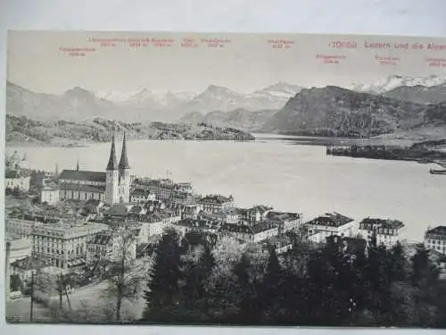 [Lithographie] Luzern und die Alpen
Vitznauerstock 1456 m,  Liedernenstock 2517 m, Rosstock 2463 m,  Rophaien 2082 m,  Tödi 3623 m,  Niederbauen 1927 m,  Oberbauen 2121 m,  Bürgenstock 1134 m,  Schwälmis 2250 m, Urirotstock 2932 m. 