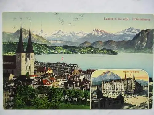 [Lithographie] Luzern u. die Alpen  - Hotel Minerva. 