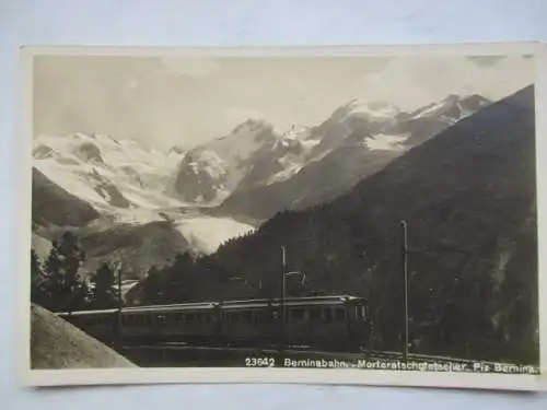 [Echtfotokarte schwarz/weiß] Berninabahn, Morteratschgletscher, Piz Bernina. 