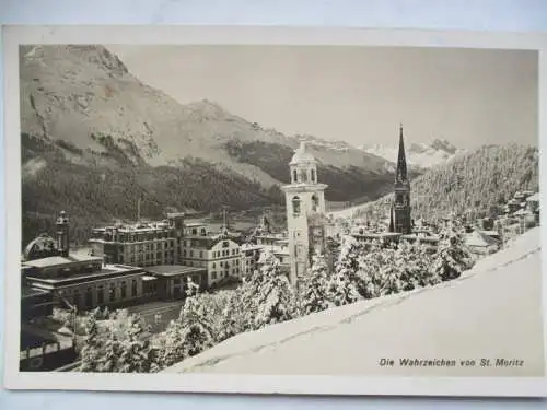 [Echtfotokarte schwarz/weiß] Die Wahrzeichen von St. Moritz. 