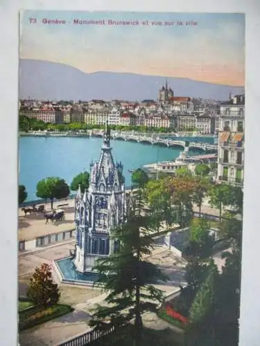 [Lithographie] Genève - Monument Brunswick et vue sur la Ville. 