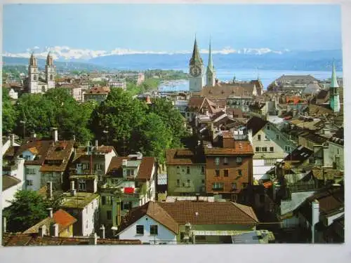 [Echtfotokarte farbig] Zürich  See und Alpen
Großmünster, St. Peter ,  Fraumünster. 