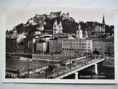 [Echtfotokarte schwarz/weiß] Salzburg, Staatsbrücke. 