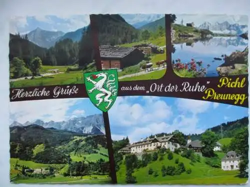 [Echtfotokarte farbig] Herzliche Grüße aus dem "Ort der Ruhe" Pichl Preunegg
Preuneggtal mt Kalkspitze
Almhütte im Preuneggtal mit Blick zum Dachstein
See im Gebiet der Reiteralm
Pichl a. d. Enns gegen Dachsteingruppe
Alpengasthof "Pichlmayergut". 