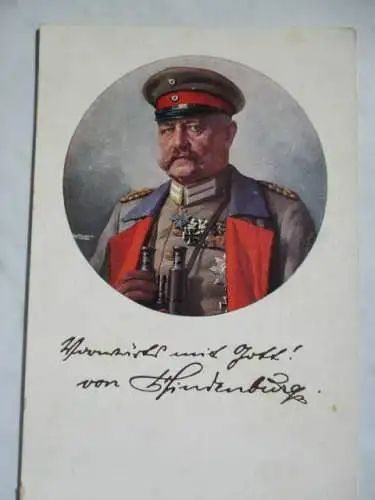 [Lithographie] Vorwärts mit Gott !
von Hindenburg
Hauptquartier  Ost 18. März 1915
Wohlfahrtskarte Herausgegeben vom Verband Deutscher Krankenpflege-Anstalten vom Roten Kreuz zum Besten der Verbands-Schwestern. 