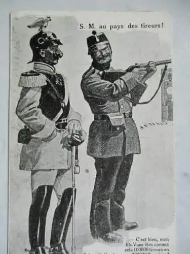 [Lithographie] S.M. au pays des tireurs!
C'est bien, mon Fils. Vous  etes comme cela 100000 tireurs es Suisse, et si je viens avec  200000 prussiens? - Alors, nous tirerons chacun deux balles, Majesté!

S. M. im Land der Schützen!
Das ist gut, mein...