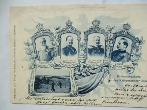 [Lithographie] Erinnerungskarte an das Kaisermanöver 1899
Friedrich Grossherzog von Baden, Wilhelm II, Deutscher Kaiser,  Wilhelm II König von Württemberg, Ernst Grossherzog von Hessen. 