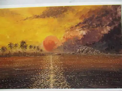 [Lithographie] Glutrot taucht die Sonne hinter den Palmen ins Meer. 
Luziel Navarro (16) aus dem Heim in Silang (Philippinen)  hat dieses Bild für Sie getuscht. 