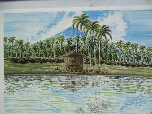 [Lithographie] Beschaulich, die Nipa, die Hütte der Reisbauern, gesäumt von Kokospalmen - doch im Hintergrund droht der Vulkan Mayon
 (Luzon Philippinen). 