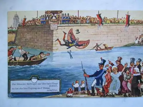 [Lithographie] Der Schneider Berblinger aus Ulm hat's Fliege probiert,
no hot ehn sein Flugzeug en d' Donau neingführt. 