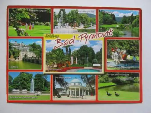 [Echtfotokarte farbig] Schönes Bad Pyrmont
Partie im Kurpark / Untere Hauptallee / Malerblick / Schloss / Palmengarten /  Kneipp-Becken / Fontäne am Goldfischteich / Der Hyllige Born / An der weißen Brücke
Bad Pyrmont im Weserbergland mit dem...
