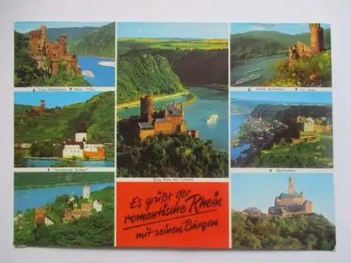 [Echtfotokarte farbig] Es grüßt der romantische Rhein mit seinen Burgen. 