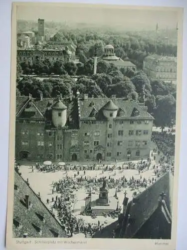 [Lithographie] Stuttgart  Schillerplatz mit Wochenmarkt. 