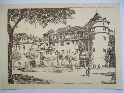 [Lithographie] Stuttgart  Altes Schloß mit Schillerdenkmal. 