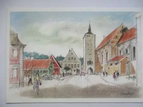 [Klappkarte] Mindelheim Maximilianstrasse am Westende mit  Untertorturm
Nach einer farbigen Zeichnung von Heinz Schubert
Nr. 64 aus der Serie Allgäuer Künstlerpostkarten. 