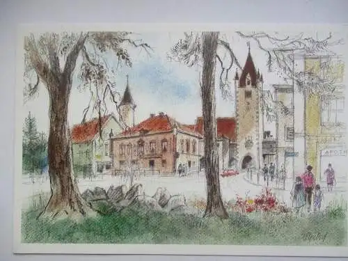 [Klappkarte] Mindelheim das obere Tor und Gaststätte Siegeshalle
Nach einer farbigen Zeichnung von Heinz Schubert
Nr. 62 aus der Serie Allgäuer Künstlerpostkarten. 