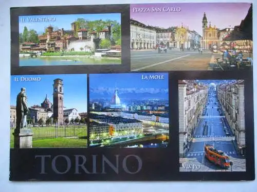 [Echtfotokarte farbig] Torino,  Il Valentino / Piazza San Carlo / Il Duomo / La Mole / Via Po. 