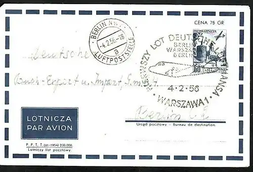 Polen Ganzsache Erstflug 1956   (m9873 ) siehe scan