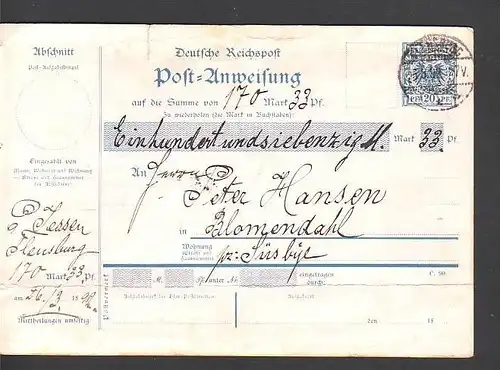 D.-Reich  Postanweisung 20 Pf.Krone&amp;Adler gebraucht  RAR  (dc9620) siehe scan