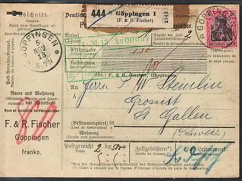 D.-Reich Germania Paketkarte  EF.Nr. 93   in die Schweiz  (ba 3856 ) siehe scan