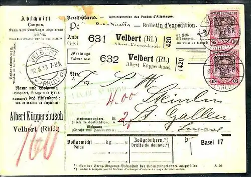 D.-Reich Paketkarte in die Schweiz  MEF . 80 Pf.Germania (ba3857 ) siehe scan