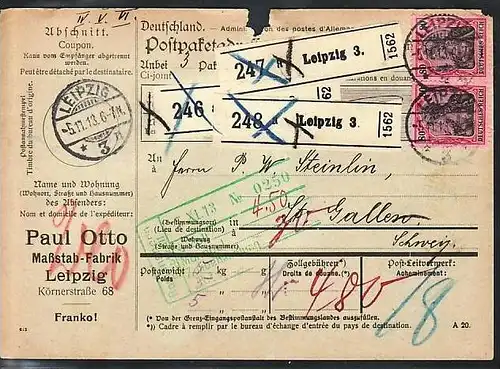 D.-Reich Paketkarte in die Schweiz  MEF . 80 Pf.Germania (ba3858 ) siehe scan