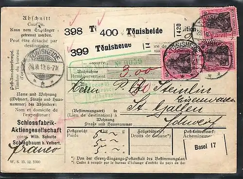 D.-Reich Paketkarte in die Schweiz  MEF . 80 Pf.Germania (ba3861 ) siehe scan