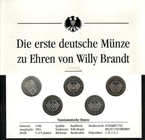 BRD  2 DM Münzen  Willy Brandt   (zz4007 )  siehe scan !