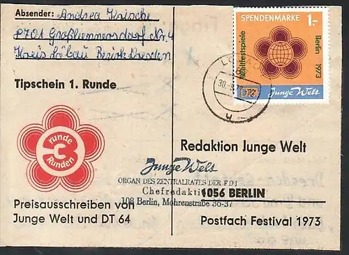 DDR  Karte Weltfestspiele-Poststempe l 200% Zuschlag ! 1973 (zz4302 ) siehe scan  !