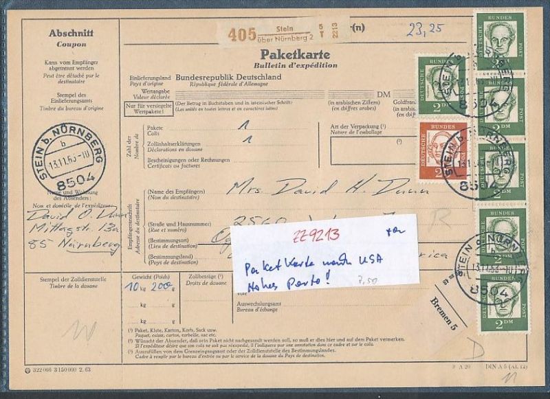 Brd Paketkarte Nach Usa Hohes Porto Zz9213 Siehe Scan Nr