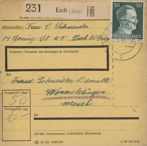 Paketkarte -Frankatur deutsch in Luxemburg gebraucht - Esch    ( k1135   ) siehe scan