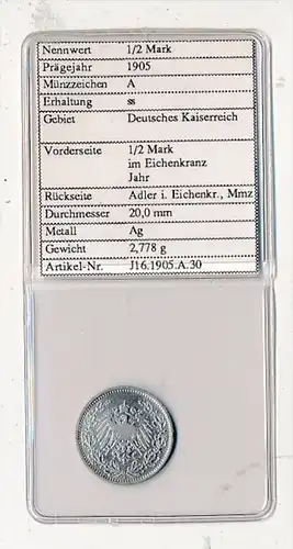 DR-   1/2  Mark 1905 A   Silber     (x2121   )  siehe Bild