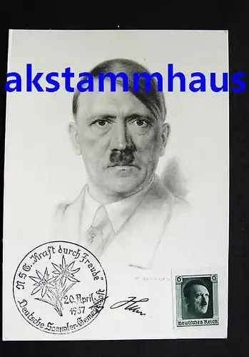 FÜHRER - Geburtstag 1937 - Sonderstempel Deutsche Sammler-Gemeinschaft KRAFT DURCH FREUDE 20.04.1937