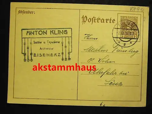 EISENERZ Leoben Steiermark - Postkarte - Absender: ANTON KLING Sattler u. Tapezierer - 1936