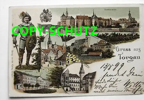 3254 TORGAU -  Litho - z. B. Gymnasium - Knappe in Rüstung - 1899!