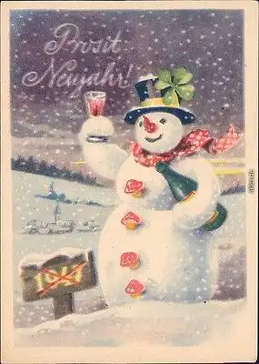 Prosit Neujahr, Schneemann mit Sekt, Kleeblathut Ansichtskarte 1947