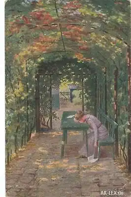 C. Krebs "Herzeleid" Gemälde Frau weinend am Tisch 1914