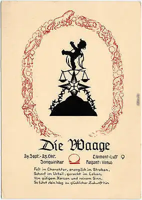 Ansichtskarte Scheerenschnitt Schatten  Horoskop: Die Waage, Scherenschnitt 1929