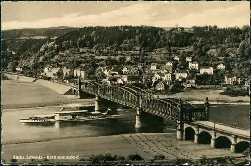 Rathmannsdorf (Sachsen) Blick auf die Stadt, Brücke, Dampfer 1958